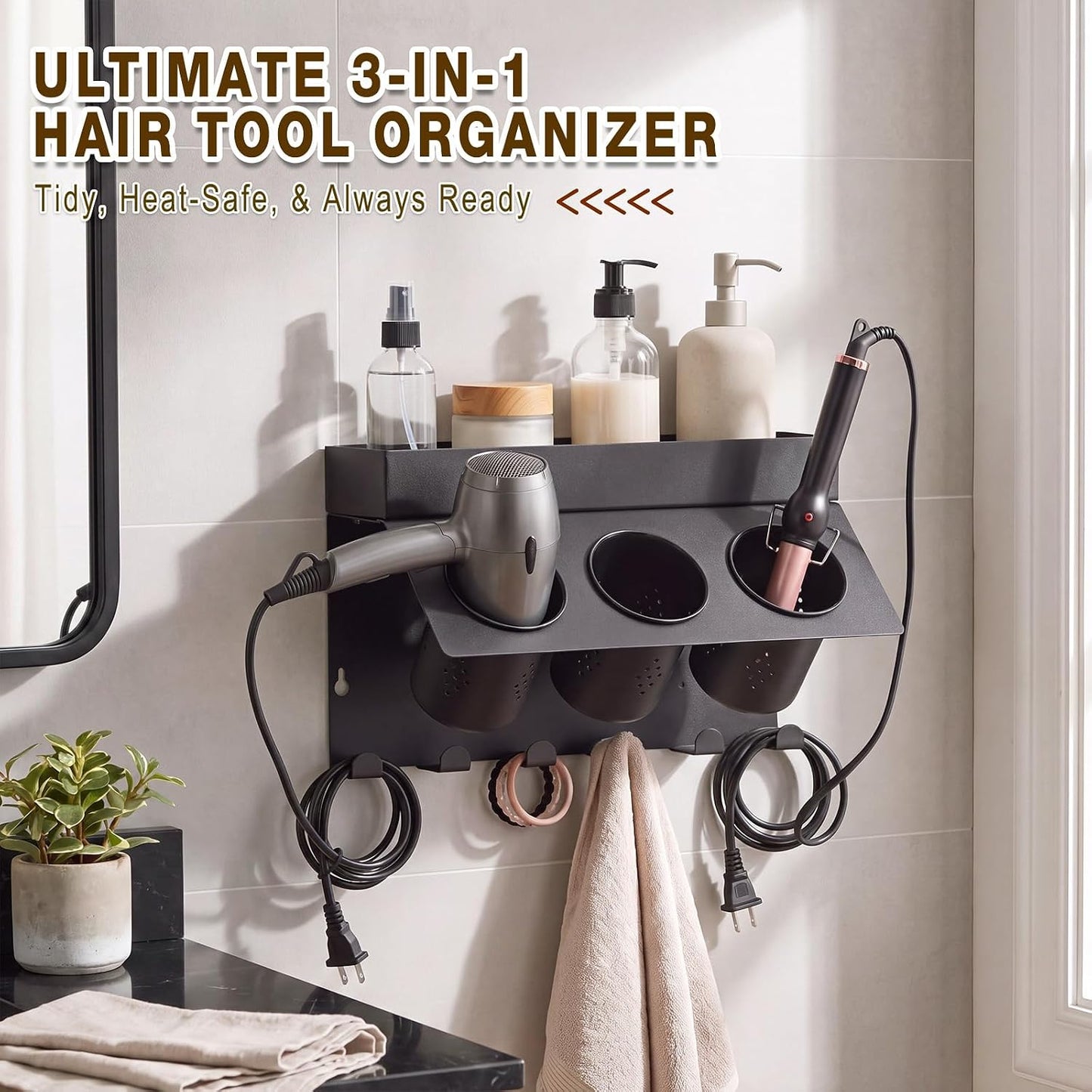 Hair Tool Organizer Wall Mount Hair Dryer Holder for Cabinet Door | 6 Hooks Adjustable Height 3-in-1 Blow Dryer Holder for Bathroom Storage Heat Resistant Styling for Flat Iron Curling Iron