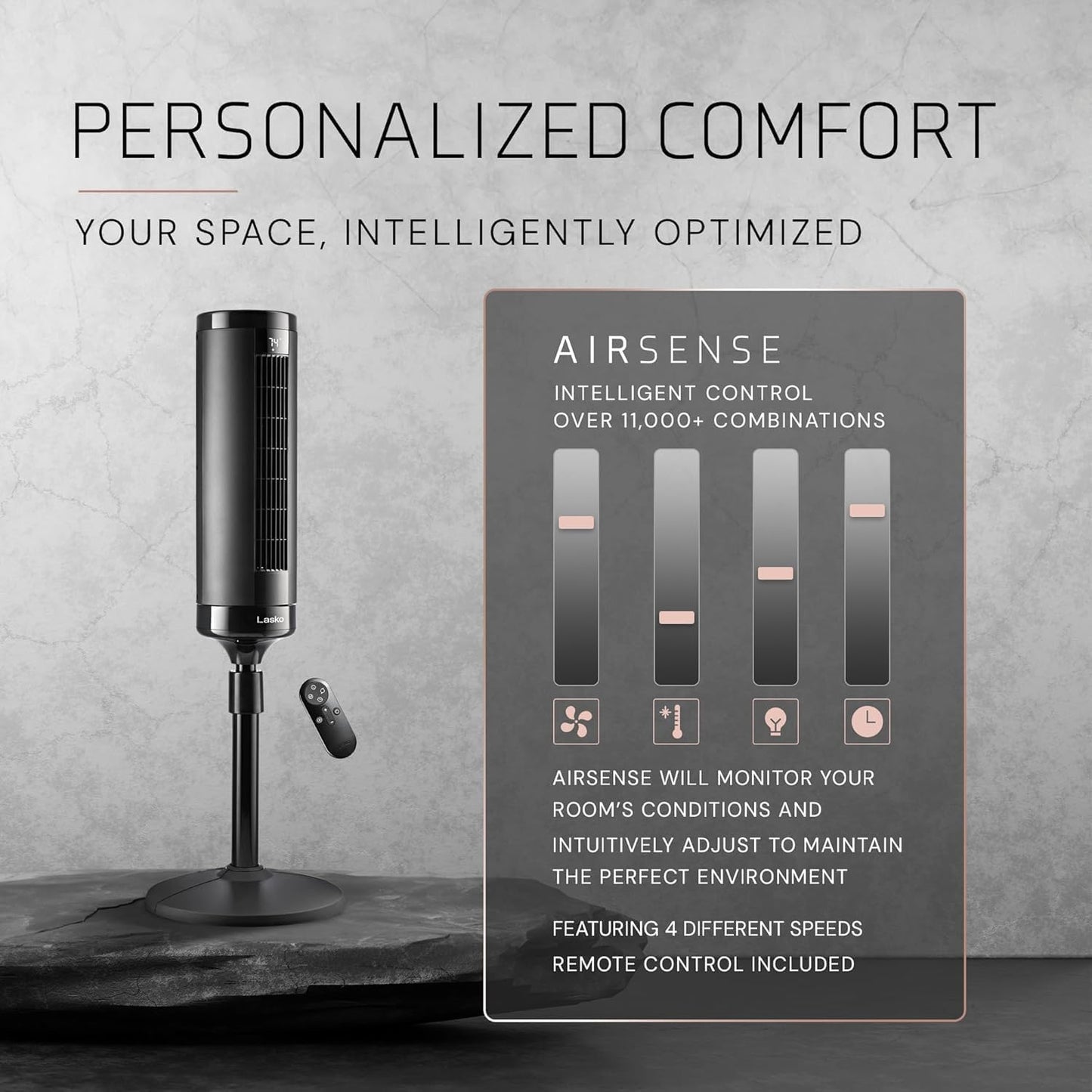 Lasko Elevation Tower Fan for Bedroom, Office, and Living Room - 42”-54” Adjustable Height Cooling with 31 ft/s Airflow and 90° Oscillation- Quiet 28 dB Operation - Remote Control - Black