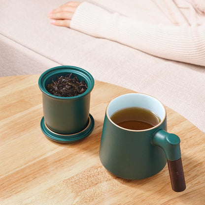 ZENS Tea Cup with Infuser and Lid & Coaster for Tea Steeper, 15oz Blue | Embossed Ceramic Tea Infuser Mug for Loose Leaf Tea Difussers, Tea Lovers Gifts, Nature Wood Handle