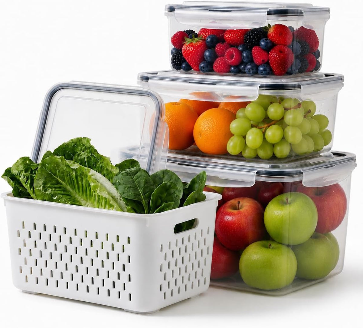3-Pack BPA-Free Food Storage Containers with Lids & Removable Strainer – Airtight Fridge Organizer & Fresh Produce Keeper for Fruits, Vegetables & Meat, Dishwasher & Freezer Safe (0.85L, 1.75L, 3.3L)