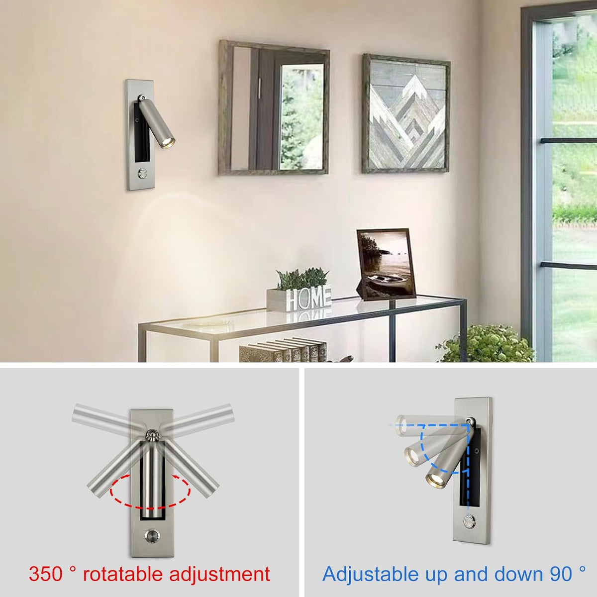LED Bedroom Lamp Headboard Wall Light Sconce, Bedside Reading Light Recessed Push Switch Wall Lamps, Hotel Bed Side Decorative Wall Sconces Spotlight, 360° Rotatable 92° Foldable (Brass+Black)