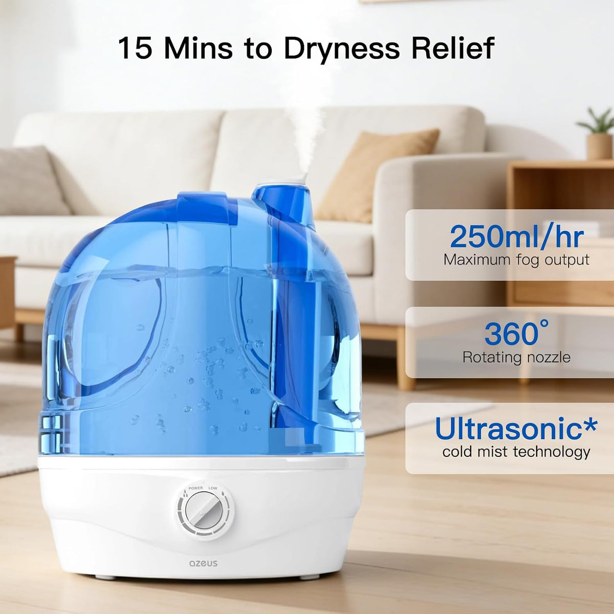 AZEUS 2.8L Cool Mist Humidifier, Quiet Adjustable Mist with Auto Shut-Off