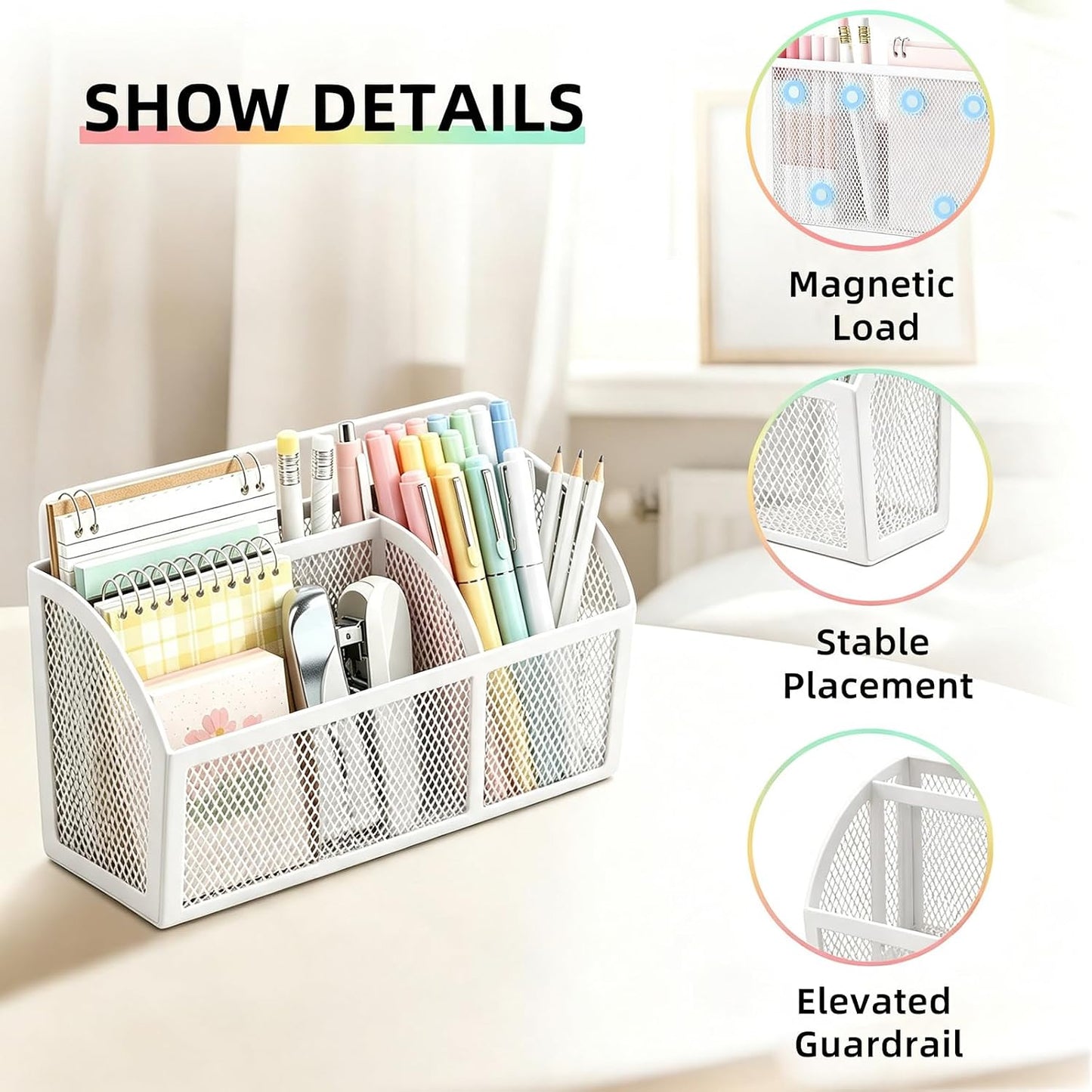 Magnetic Pencil Holder, Magnetic Organizer for Locker Accessories, Black | Mesh Marker Holder with Strong Magnets and 3 Compartments for Whiteboards Refrigerators and Magnetic Lockers