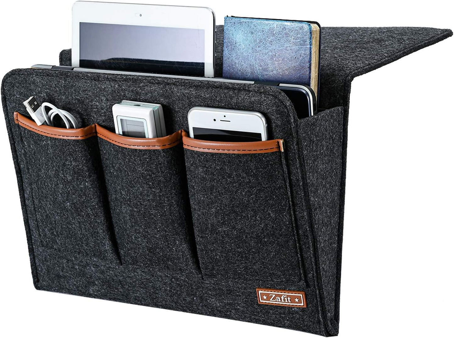 Zafit Bedside Caddy, Large Size Bedside Storage Organizer Bedside Organizer Caddy for Magazine Remotes Phone (13.4'' x 18.1'' Plus Size, Dark Grey)