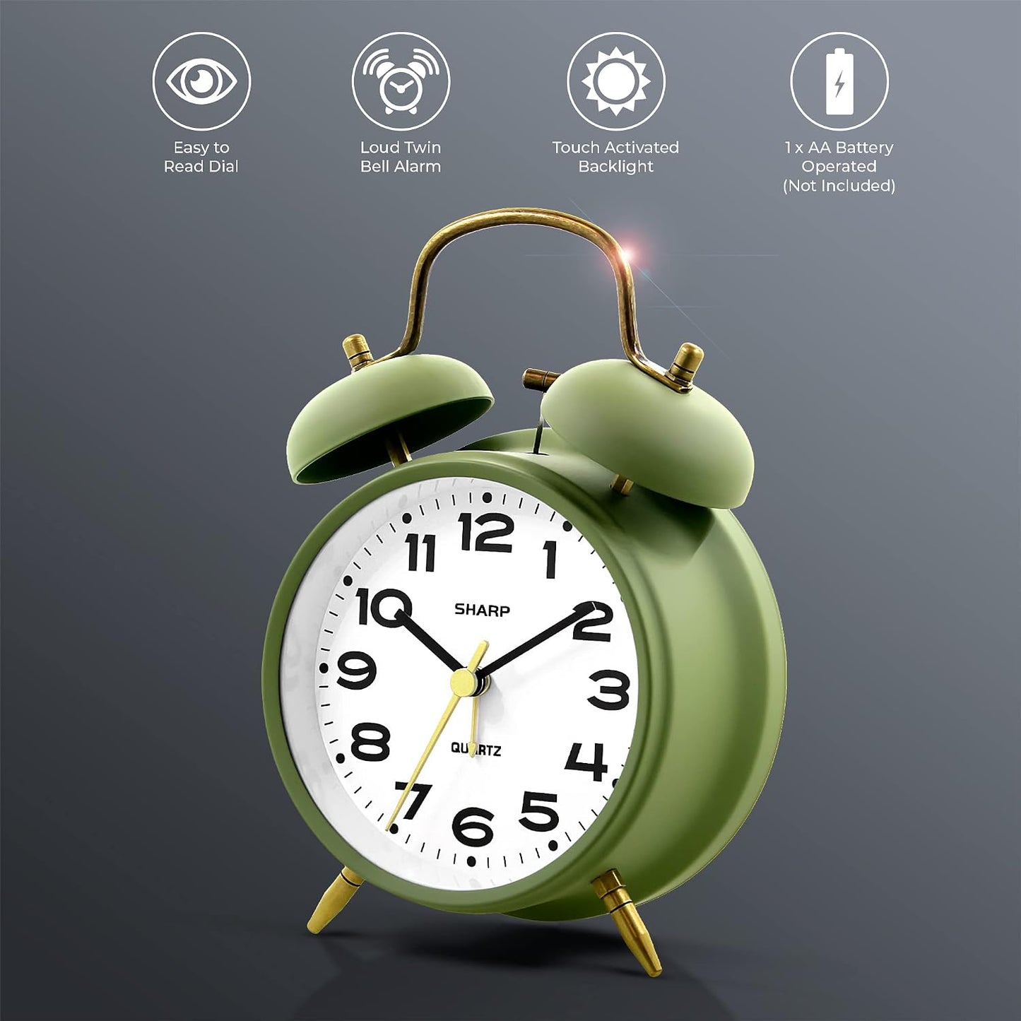 Sharp 4-Inch Twin Bell Alarm Clock for Heavy Sleepers (Matte Navy) | Extra-loud metal bell alarm, quiet quartz movement, press-button backlight, rustic bronze accents, battery operated