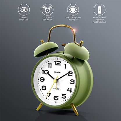 Sharp 4-Inch Twin Bell Alarm Clock for Heavy Sleepers (Matte Navy) | Extra-loud metal bell alarm, quiet quartz movement, press-button backlight, rustic bronze accents, battery operated