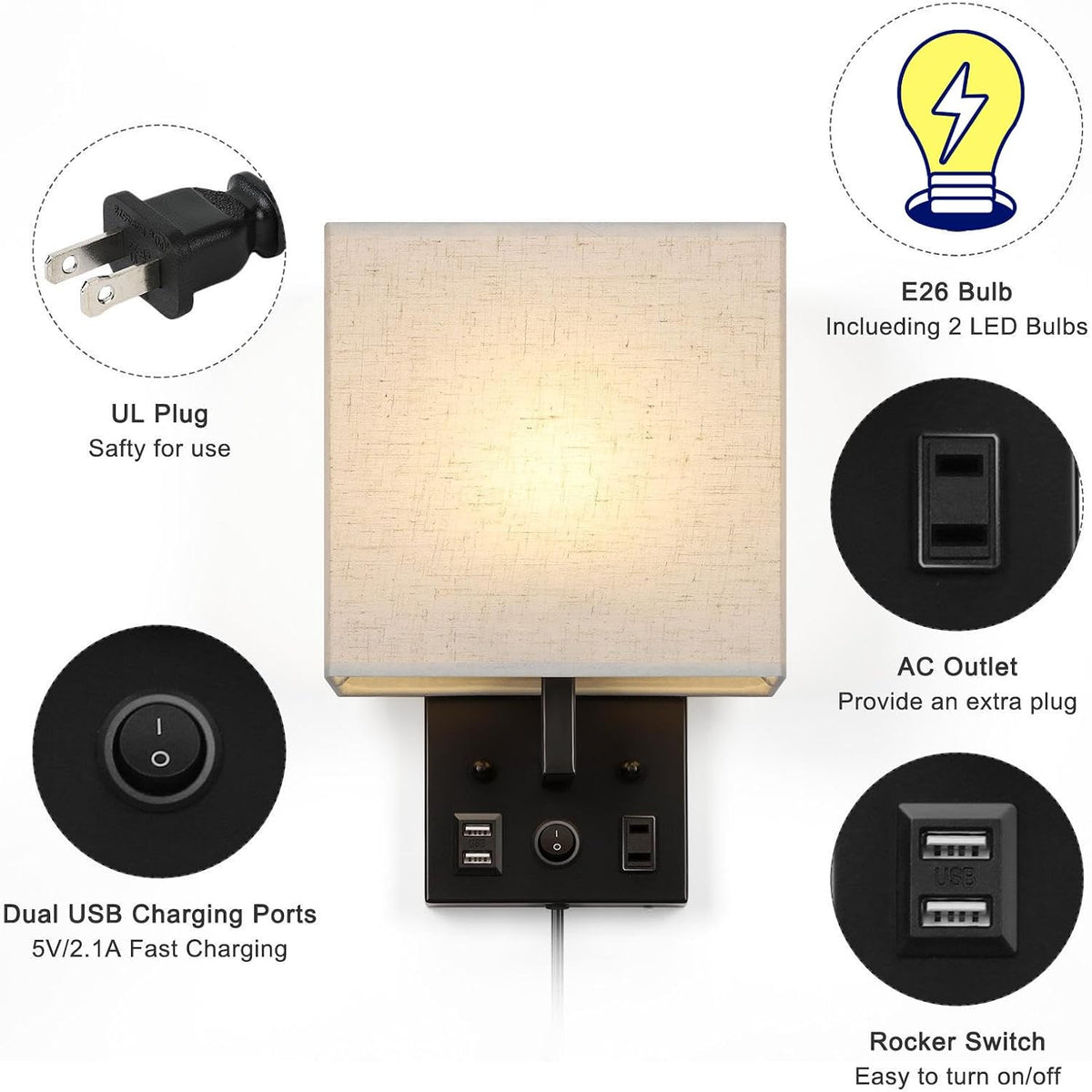 Vrisa Wall Sconces Wall Lamps for Bedrooms Set of 2 Plug in Bedside Lights Wall Mounted with USB Ports Outlet Wall Light Fixtures for Bedroom Living Room Black (2 Bulbs Included)