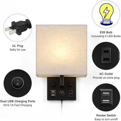 Vrisa Wall Sconces Wall Lamps for Bedrooms Set of 2 Plug in Bedside Lights Wall Mounted with USB Ports Outlet Wall Light Fixtures for Bedroom Living Room Black (2 Bulbs Included)