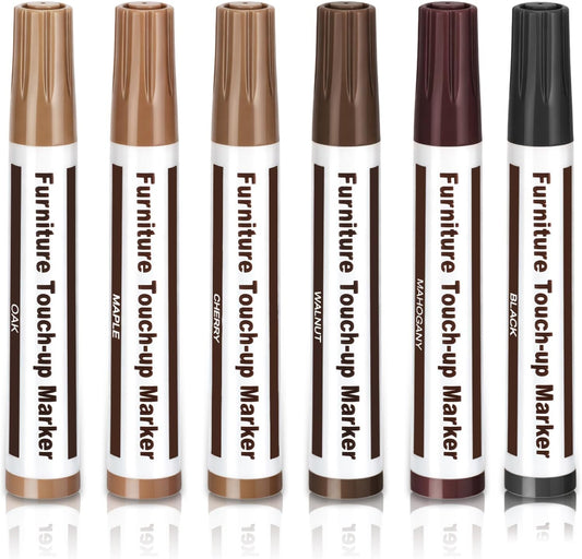 Wood Furniture Repair Markers, 6 Colors Touch up Kit for Scratches | Oak, Maple, Cherry, Walnut, Mahogany, Black; Covers Scratches, Chips, Scuffs; for Floors, Tables, Cabinets, Doors