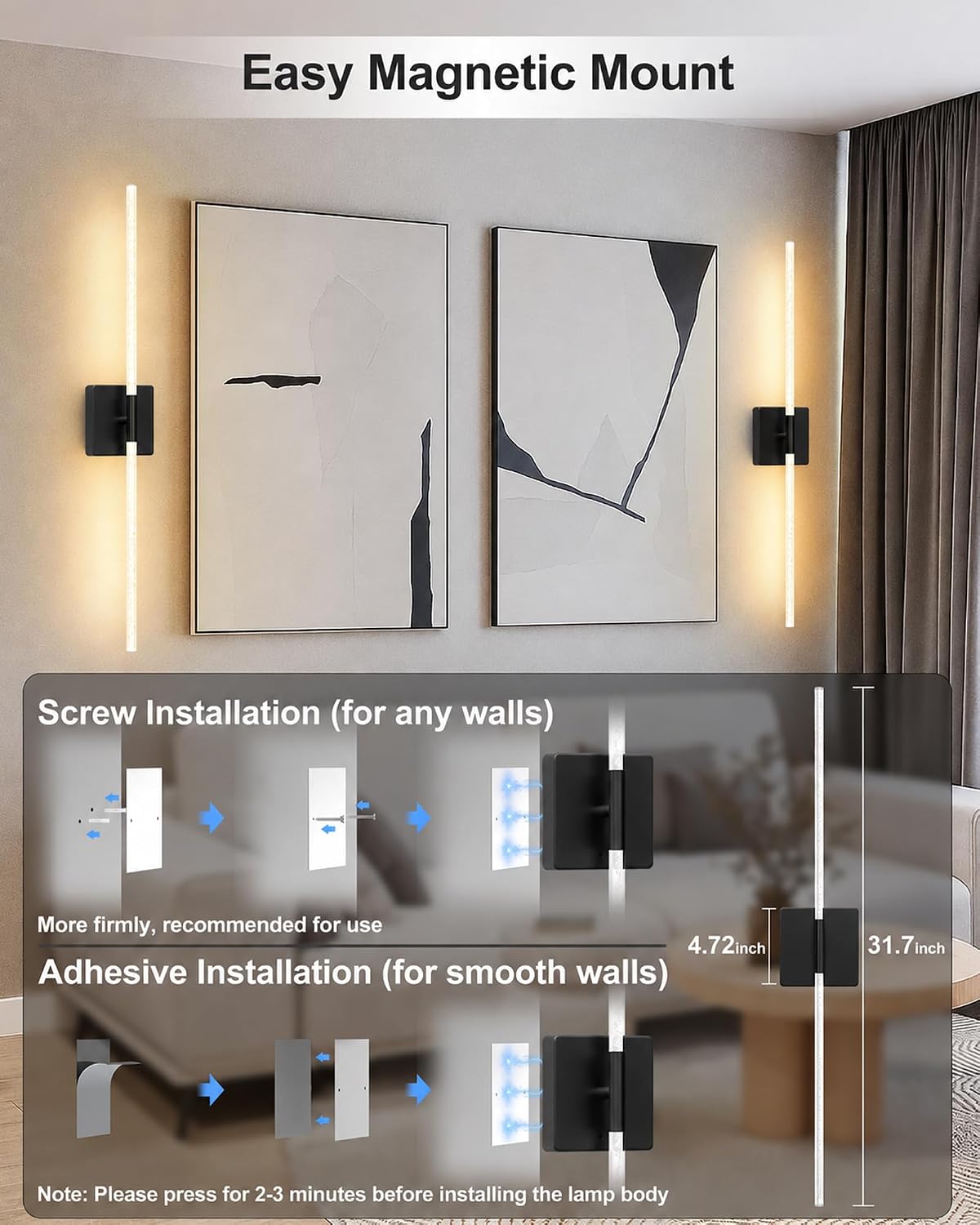 iThird Battery Operated Wall Sconces Set of 2: 10000mAh Rechargeable Wireless Wall Lights, 360° Rotatable Magnetic Wall Lamp, 4CCT Dimmable LED Wall Lighting for Bedroom Living Room Hallway, 31.7in