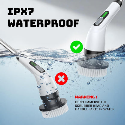Electric Spin Scrubber, 2-Speed Cleaning Brush, Extendable Handle (White) | Includes 7 reusable brush heads and an IPX7-rated design for cleaning bathrooms, showers, kitchens, tile, floors, and grout