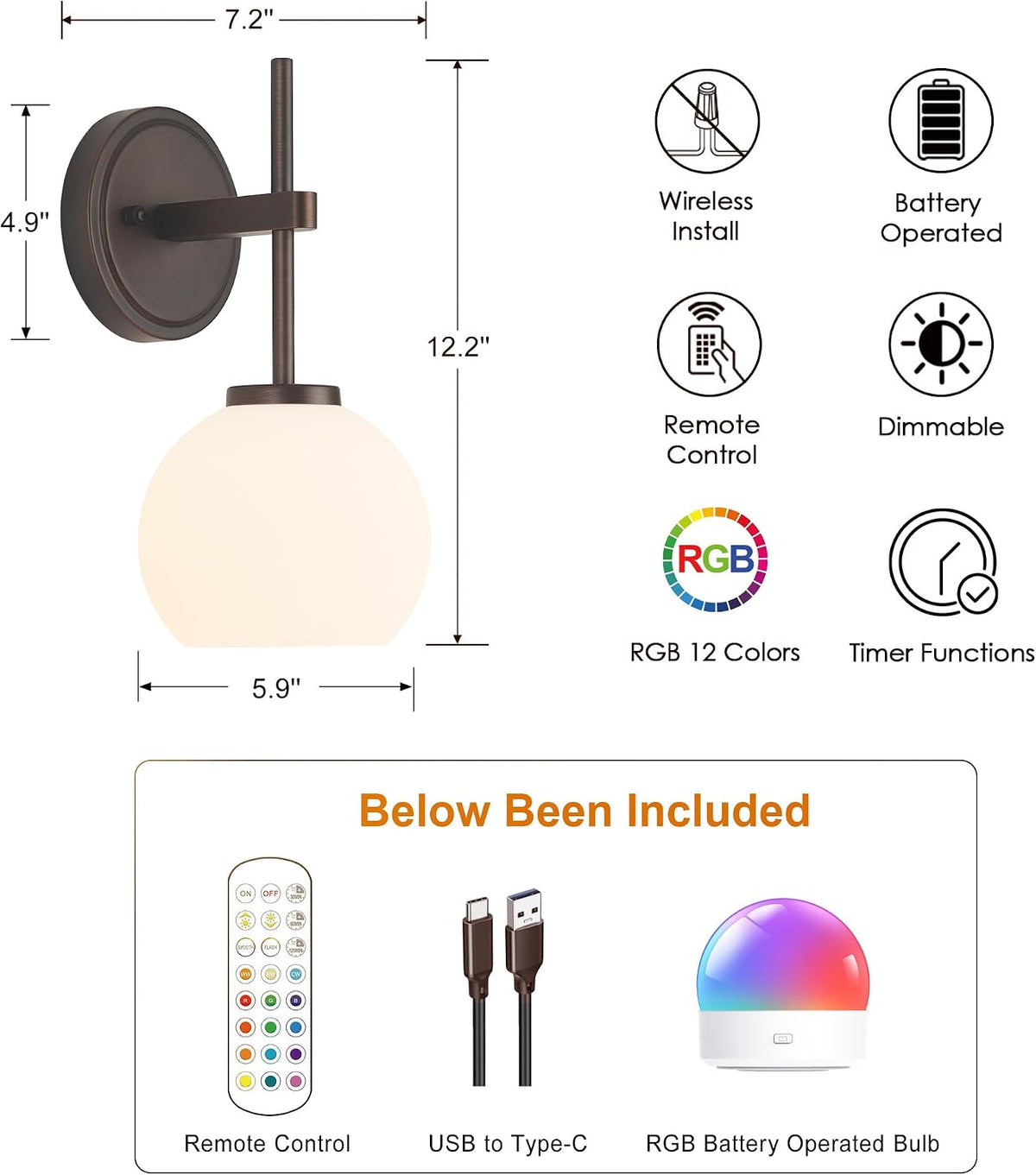 Wireless Wall Sconces with Remote Control, Battery Operated Wall Sconce Set of 2, Black & Gold Rechargeable Dimmable Wall Light for Bedroom Living room Bathroom Hallway Entryway Stairwell, 3000K