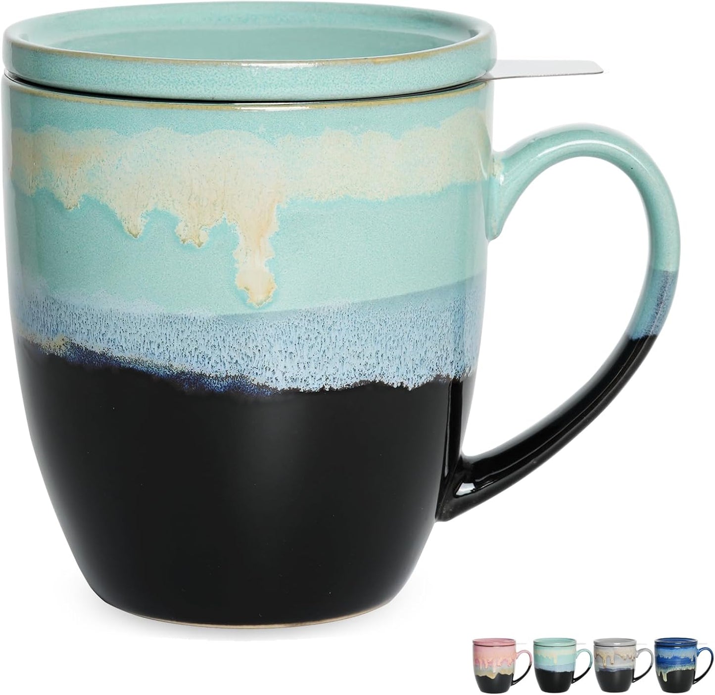 Bosmarlin Ceramic Tea Cup with Infuser and Lid, 16 Oz, 4 Color to Choose Dishwasher and Microwave Safe, Steeping Tea Mug with Strainer (Blue)