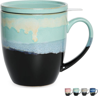 Bosmarlin Ceramic Tea Cup with Infuser and Lid, 16 Oz, 4 Color to Choose Dishwasher and Microwave Safe, Steeping Tea Mug with Strainer (Blue)