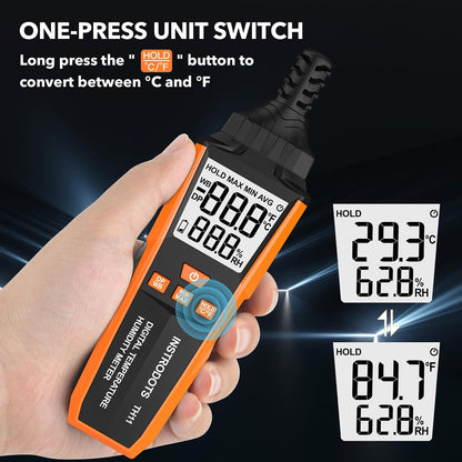 Temperature Humidity Meter, High Precision Thermometer Hygrometer with Ambient, Dew Point, Wet Bulb Thermometer, Dual Display Temperature & Humidity with LCD Backlight, TH10