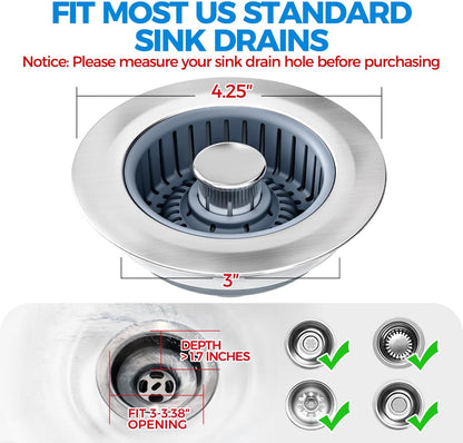 3 in 1 Kitchen Sink Drain Strainer Stopper Removable Basket Pop-Up | Kitchen Sink Food Strainer 1 Pack Silver Stainless - Food Catcher, Odor-Block Seal, Fits 3.5" Drain, Easy Clean