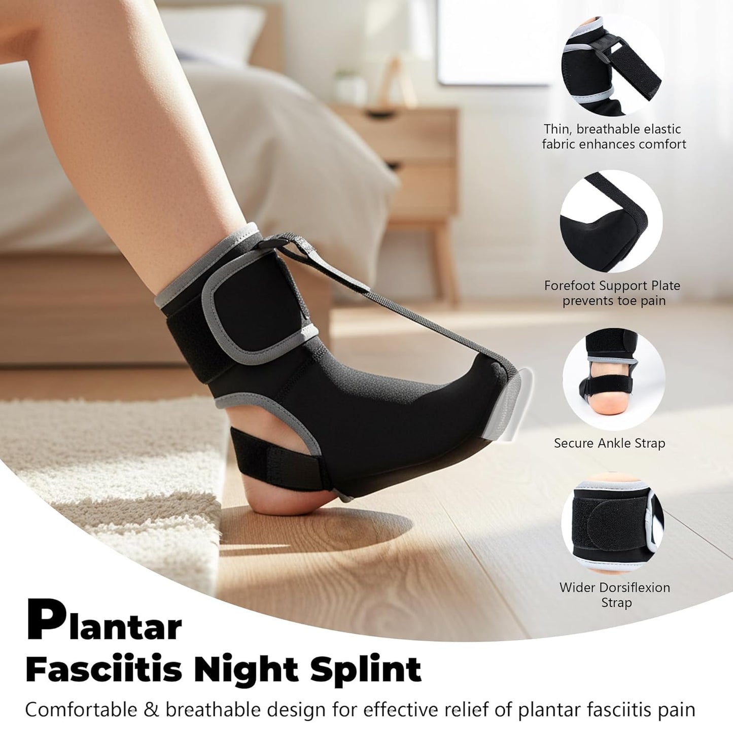 Plantar Fasciitis Night Splint Sock - Adjustable Planter Facetious Relief Brace for Women Men,Soft Plantar Fascia Boot for Sleeping,Support Relief Foot Drop Achilles Tendonitis Relief Day Night (Black, OSFA)
