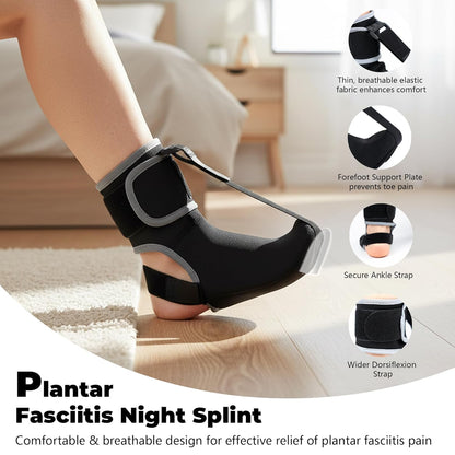 Plantar Fasciitis Night Splint Sock - Adjustable Planter Facetious Relief Brace for Women Men,Soft Plantar Fascia Boot for Sleeping,Support Relief Foot Drop Achilles Tendonitis Relief Day Night (Black, OSFA)