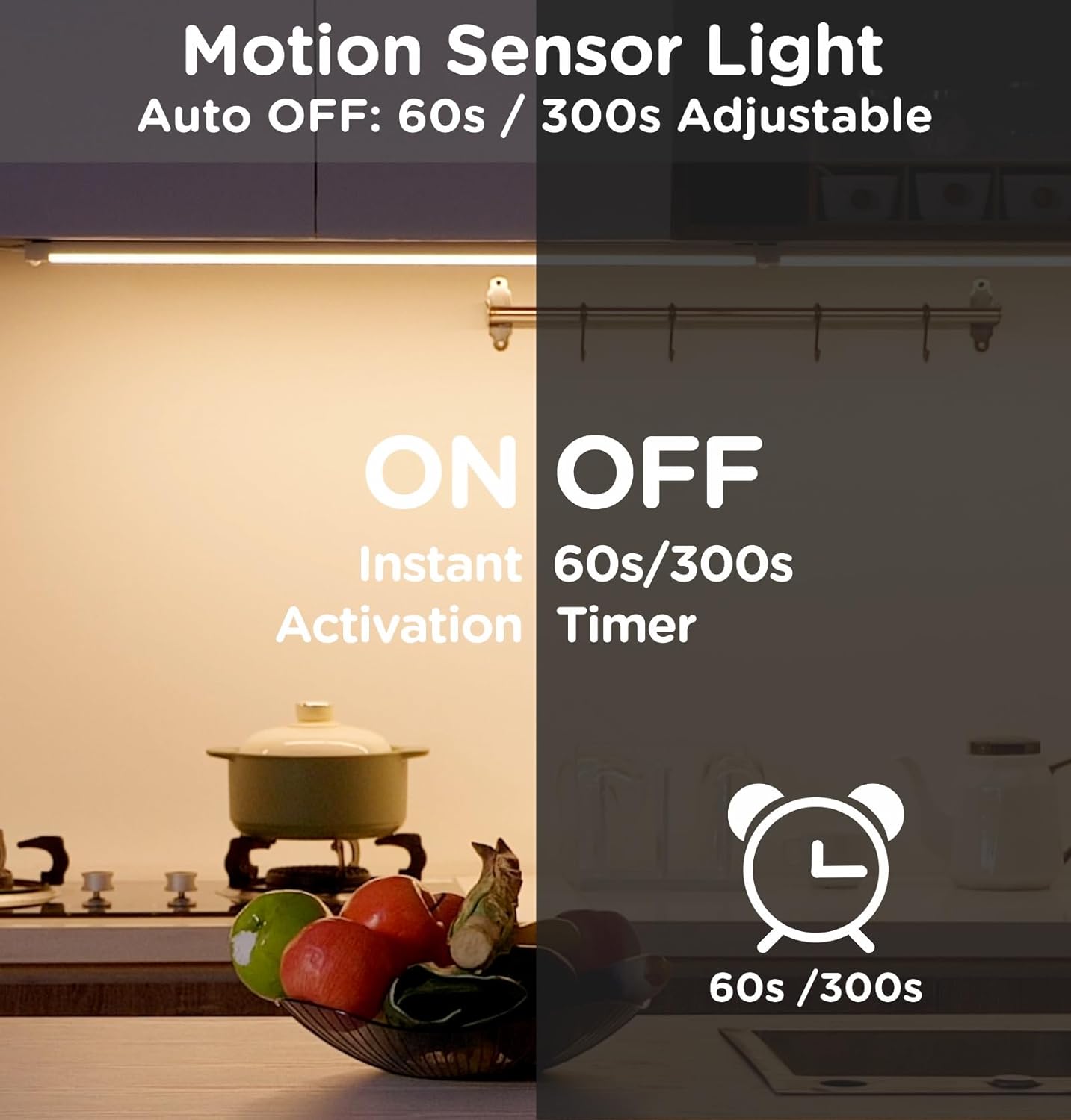 Leetdud Under Cabinet Lighting Plug in 16 Inch, 120V Motion Sensor Lights Indoor, 3CCT 3000/4000/5000K, Aluminum Linkable Super Bright LED Counter Light with Timer for Kitchen, Closet, White, 1 Pack