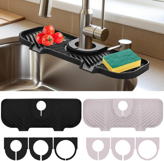 Teenyyou 2 Pcs Silicone Faucet Splash Guard 10.6 ” x 4.3” Kitchen Sink Splash Guard Faucet Mat for Kitchen Mat Catcher Black and Grey Sink Accessories for Bathroom