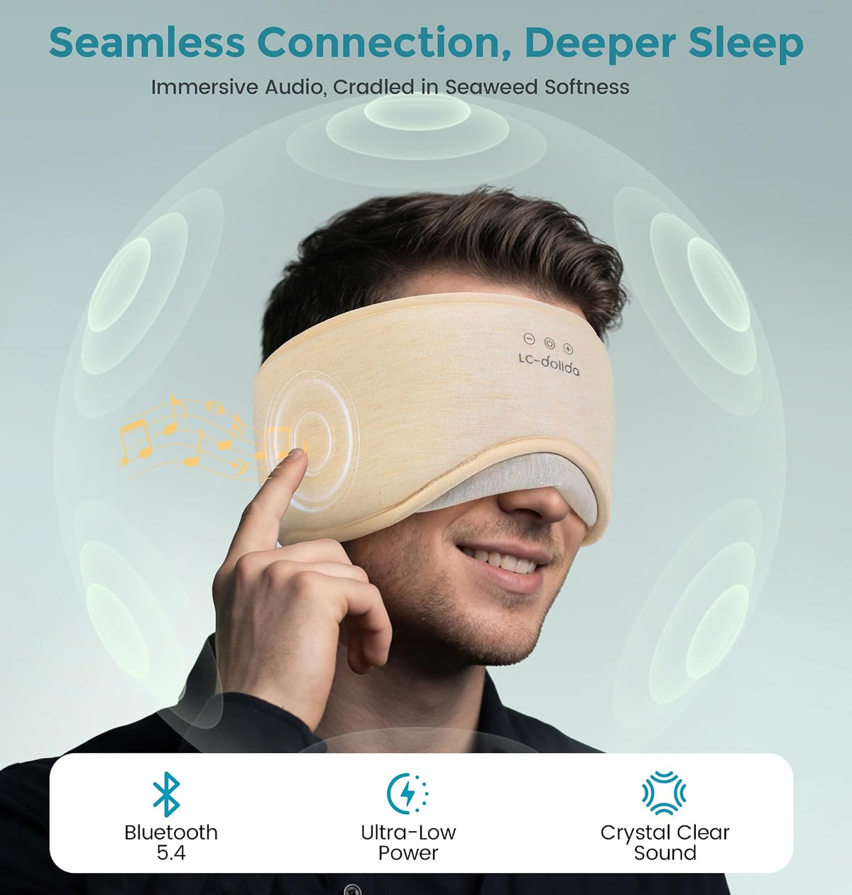 LC-dolida Sleep Masks with Bluetooth Headphones, Soft Seaweed Fiber Cotton Bluetooth Sleep Mask, Total Blackout Fully Wrapped Sleep Mask for Side Sleepers, Travel Meditation Gift, Green