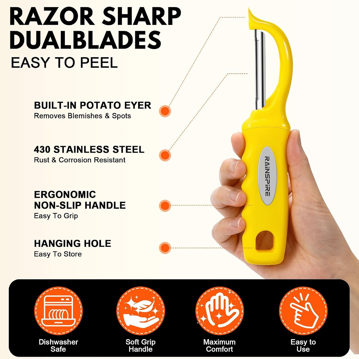 Rainspire Vegetable Peeler Potato Peelers for Kitchen, Sharp Stainless Steel Blades Veggie, Comfortable Handle Fruit Peeler, Carrot Peeler Apple Peeler Dishwasher Safe Black, 1-Pack