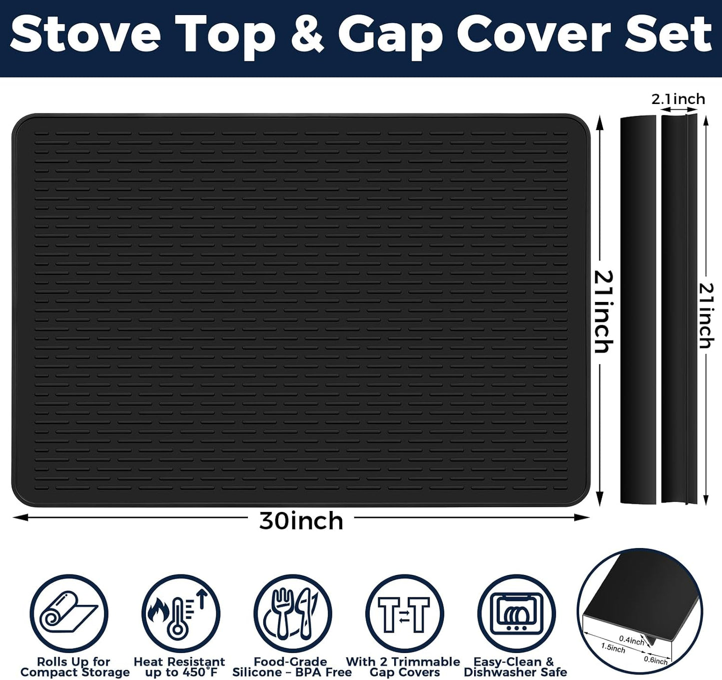 28 x 20 in Electric Stove Top Cover Set with 2 Stove Gap Covers | Thickened food-grade silicone glass cooktop protector; 450°F heat resistant, extra counter space, raised-edge dish drying mat