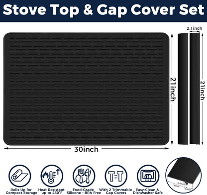 28 x 20 in Electric Stove Top Cover Set with 2 Stove Gap Covers | Thickened food-grade silicone glass cooktop protector; 450°F heat resistant, extra counter space, raised-edge dish drying mat