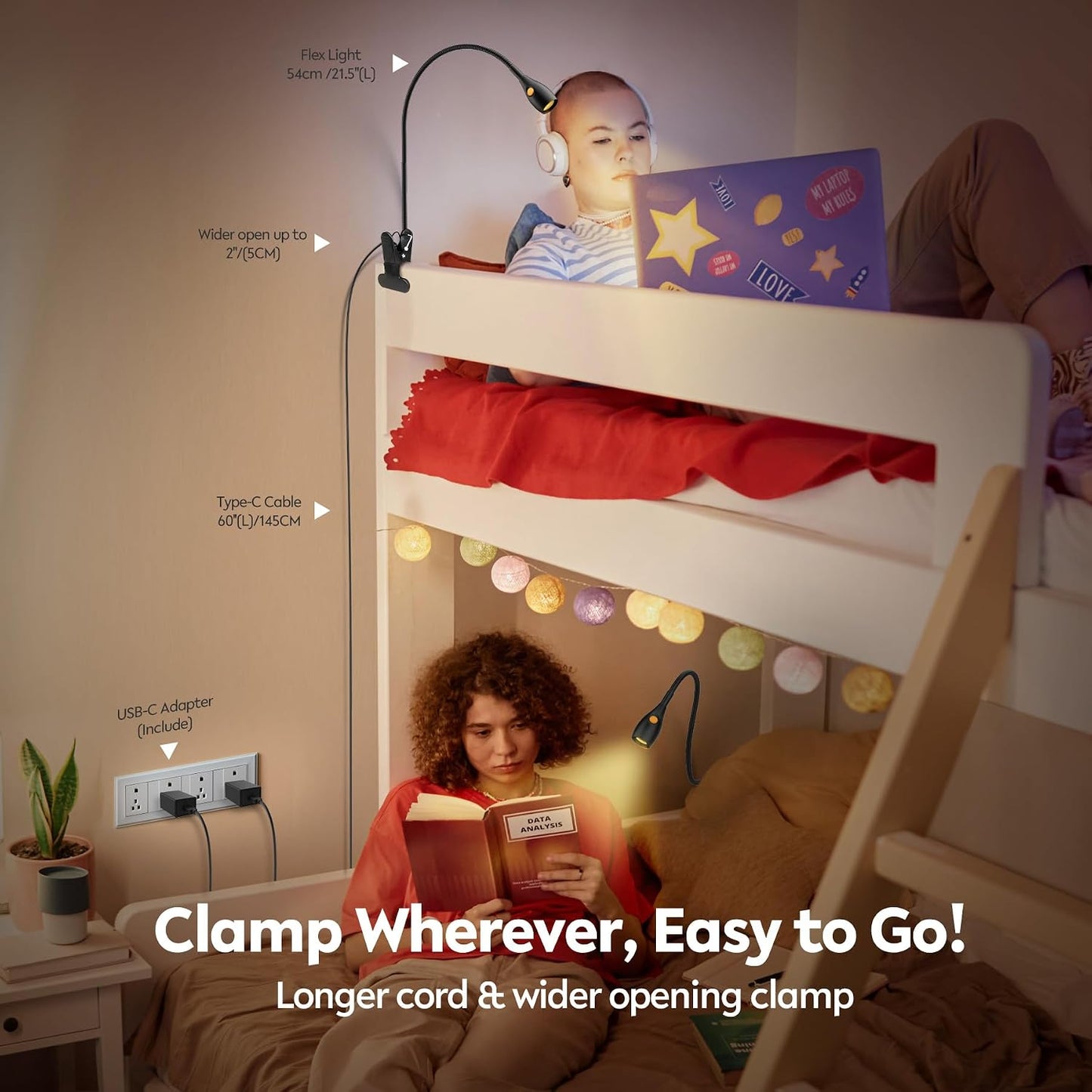acegoo Minimalist Clip On Reading Light, Head Switch Headboard Book Lamp | With USB-C Adapter, Flexible Neck, Amber NightLight, All-Metal Design, CRI 90+, For Bed Headboard Bedroom Home Desk, Black