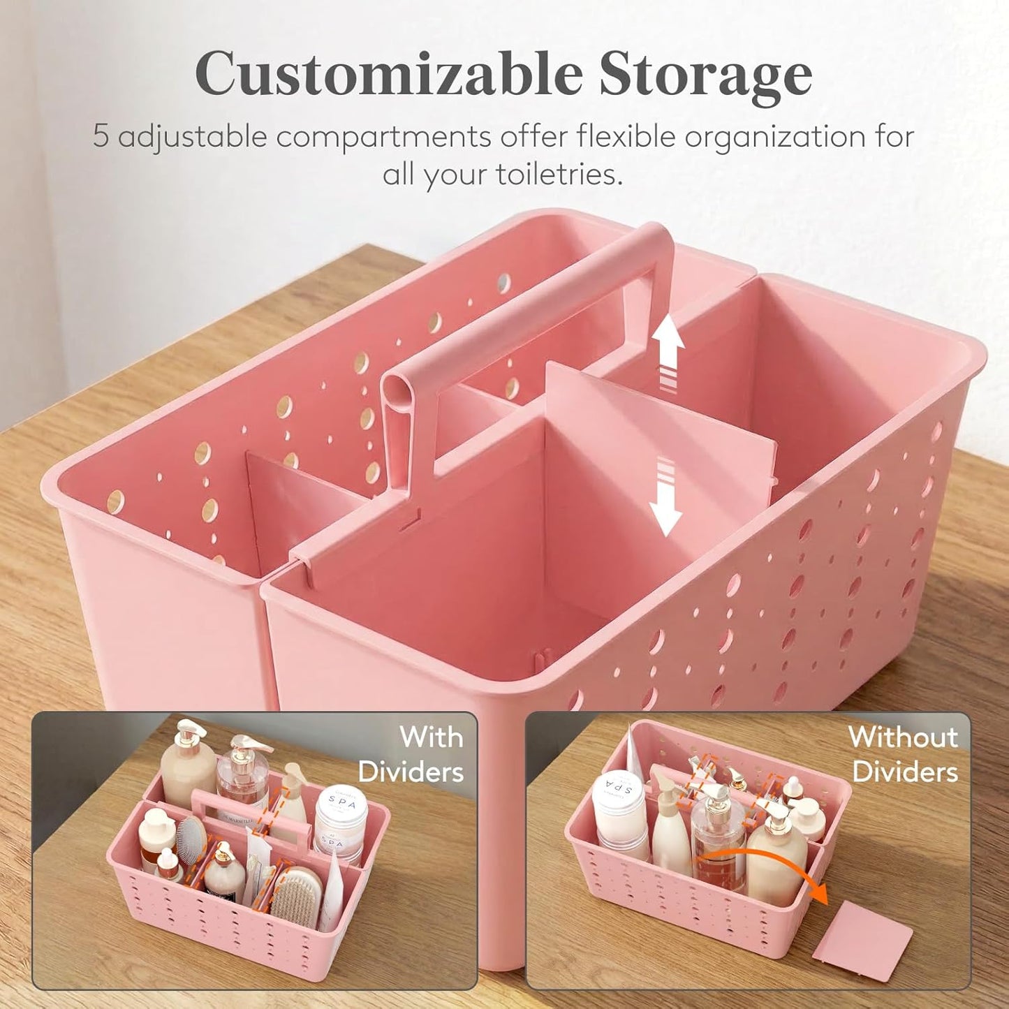 Lifewit Portable Shower Caddy, Plastic Basket Organizer, 1 Pack, Pink | Sturdy ABS plastic, Removable Compartment, Drain Design, College Dorm Room Essentials with Handle, for Bathroom, Toiletry