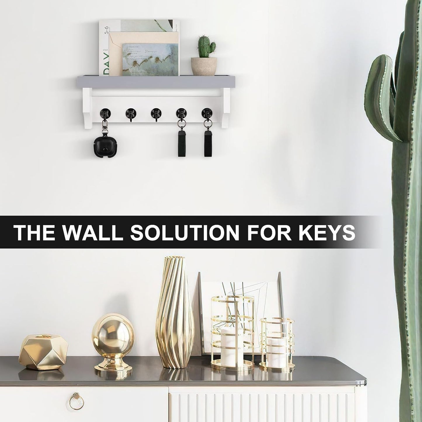 Key and Mail Holder Wall Mount, Mail Organizer with 5 Key Hooks | Key Holder with Shelf, Key Holder for Coat, Dog Leash, Home Decor Rack, Entry Way Organizer