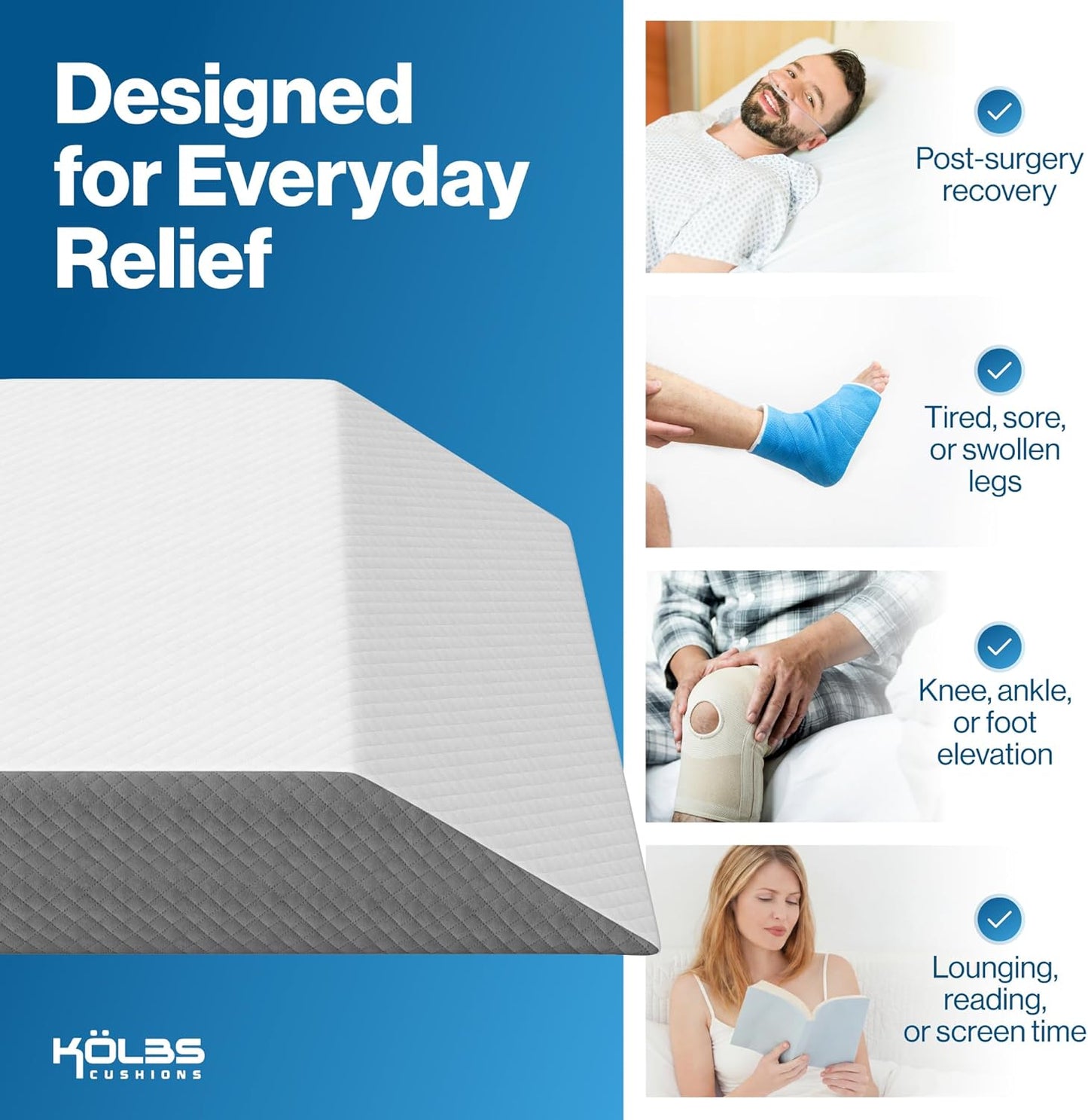 Kölbs Extra Wide Leg Elevation Pillow, Chic Jacquard Cover, XL and Wide for More Comfort Bed Wedge Pillow for Legs, Leg, Knee, Ankle Elevation Post Surgery