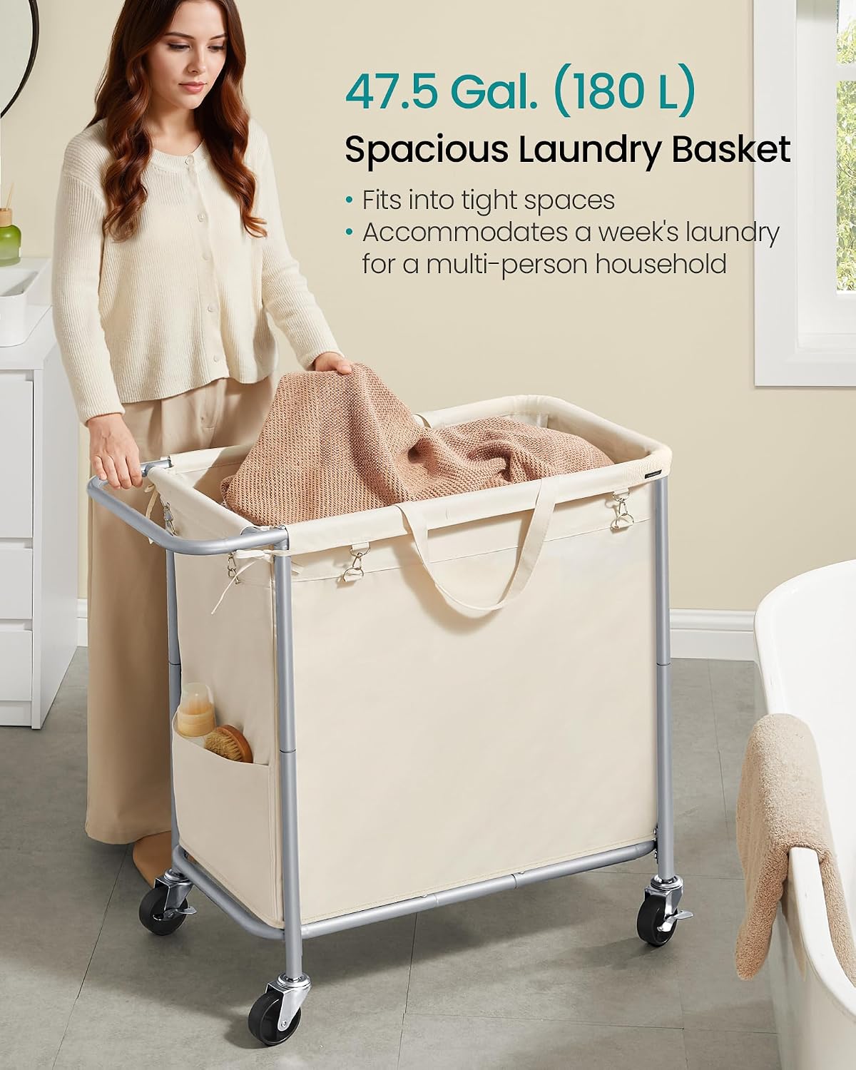 SONGMICS Laundry Basket with Wheels, 4-Section Rolling Laundry Hamper, 68.6 Gallons (260 L), Removable Liner, Steel Frame with Handle, 43.3 x 15.4 x 31.9 Inches, Cream White URLS014W01