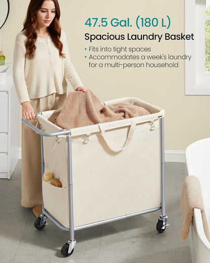 SONGMICS Laundry Basket with Wheels, 4-Section Rolling Laundry Hamper, 68.6 Gallons (260 L), Removable Liner, Steel Frame with Handle, 43.3 x 15.4 x 31.9 Inches, Cream White URLS014W01