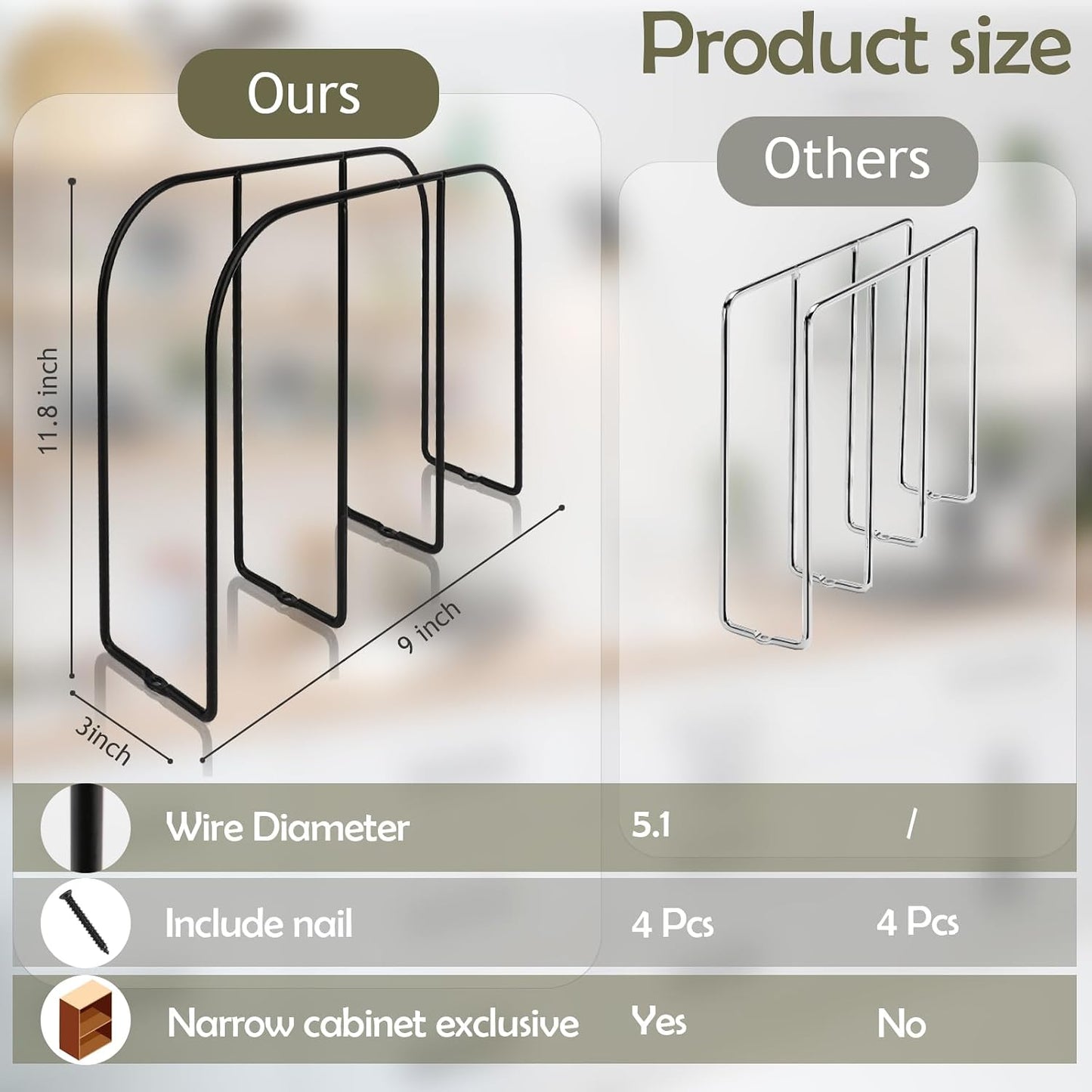 WANGDEFA 2 Pack Base Cabinet Tray Dividers 11.8 * 9 * 3inch Baking Sheet Organizer Rack Cookie Sheet Organizer Narrow U-shaped Wire Tray Divider Steel Cookware Holder with 3 Slots for Narrow cabinet
