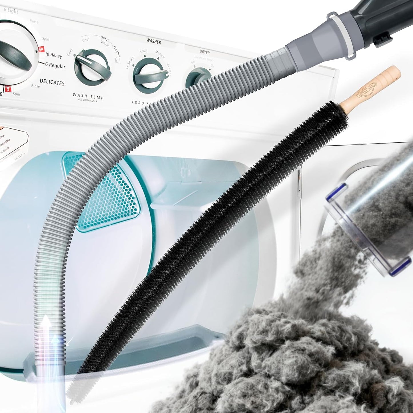 Holikme Dryer Vent Cleaner Kit, Vacuum Hose Attachment, 2-Piece, Black | Adjustable Cable Tie for Easy Attachment, Flexible Lint Brush Removes Lint from Dryer Lint Screens and Tight Spaces
