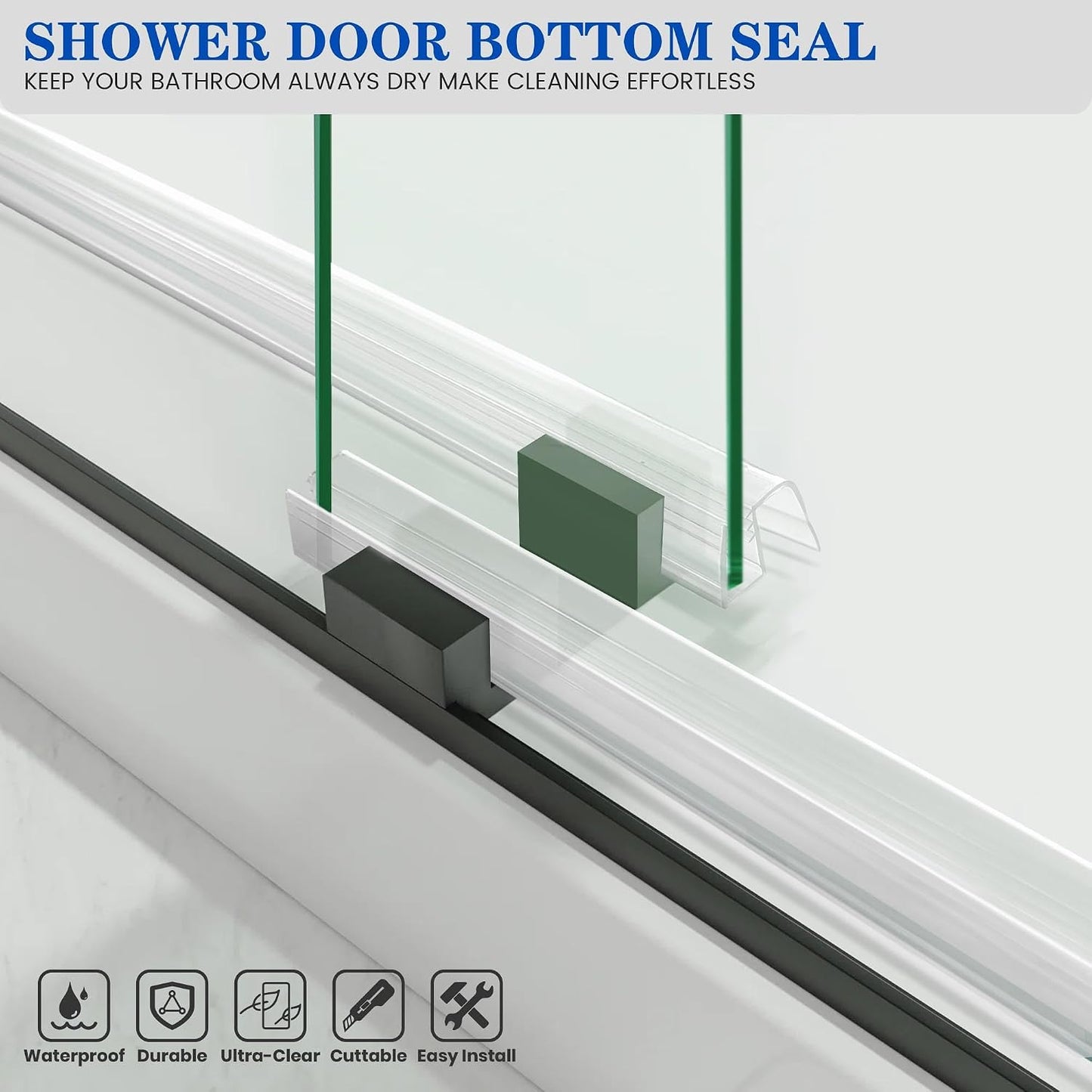 Bathroom Shower Glass Door Bottom Seal Strips, Length 36 Inch 2PCS Transparent PVC Door Bottom Seall Strips for 3/8" (10MM) Thick Framless Glass Panel