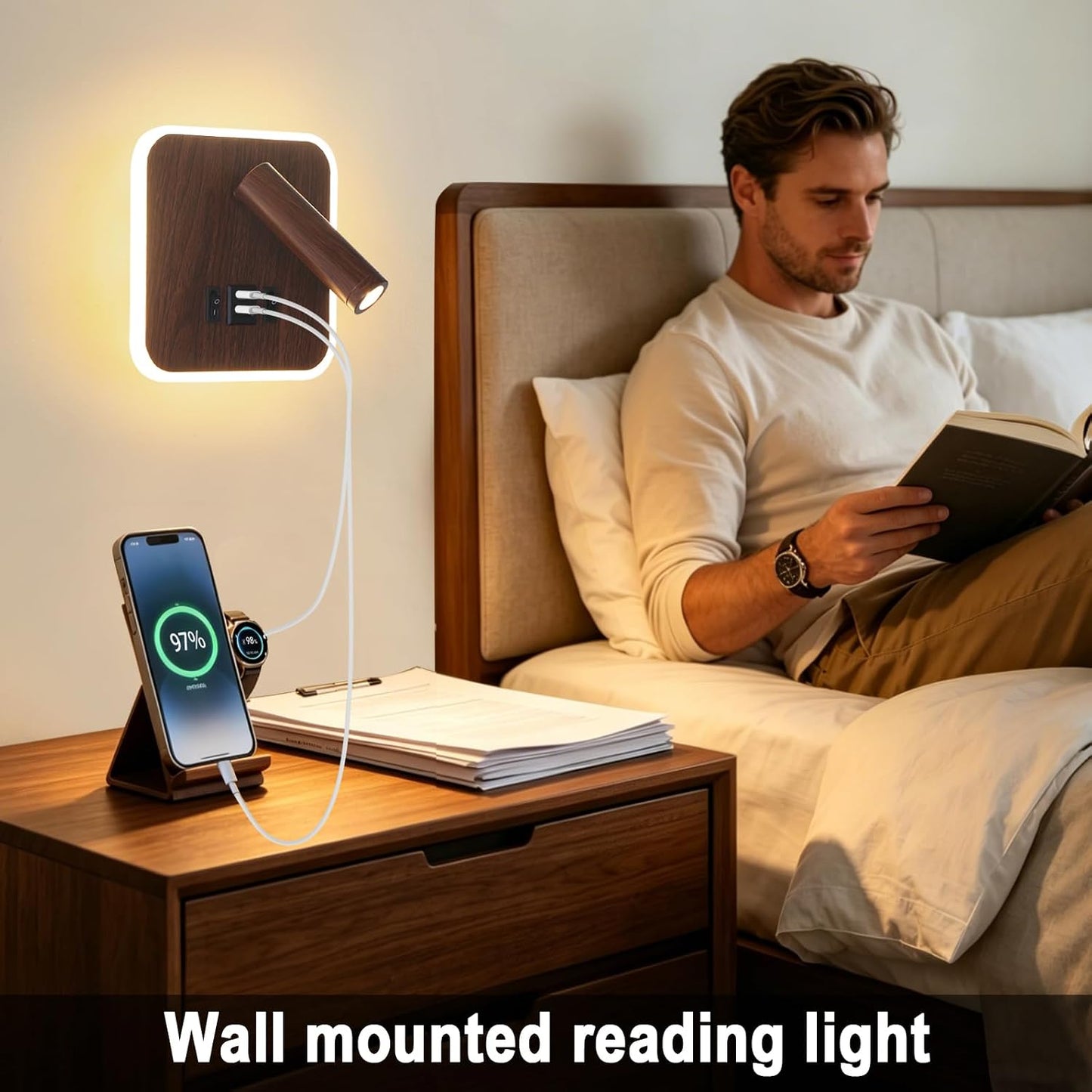 Plug in Wall Sconce with Wall Mounted Reading Lights with Switch | Wall Lamp for Bedroom with Charging Station USB C+A Ports,Bunk Bed Lights with 3W+9W Night Light,Walnut Color Reading Light
