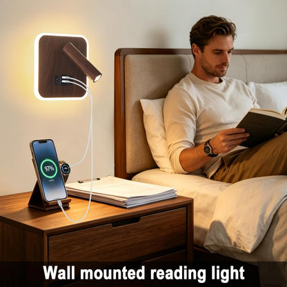 Plug in Wall Sconce with Wall Mounted Reading Lights with Switch | Wall Lamp for Bedroom with Charging Station USB C+A Ports,Bunk Bed Lights with 3W+9W Night Light,Walnut Color Reading Light