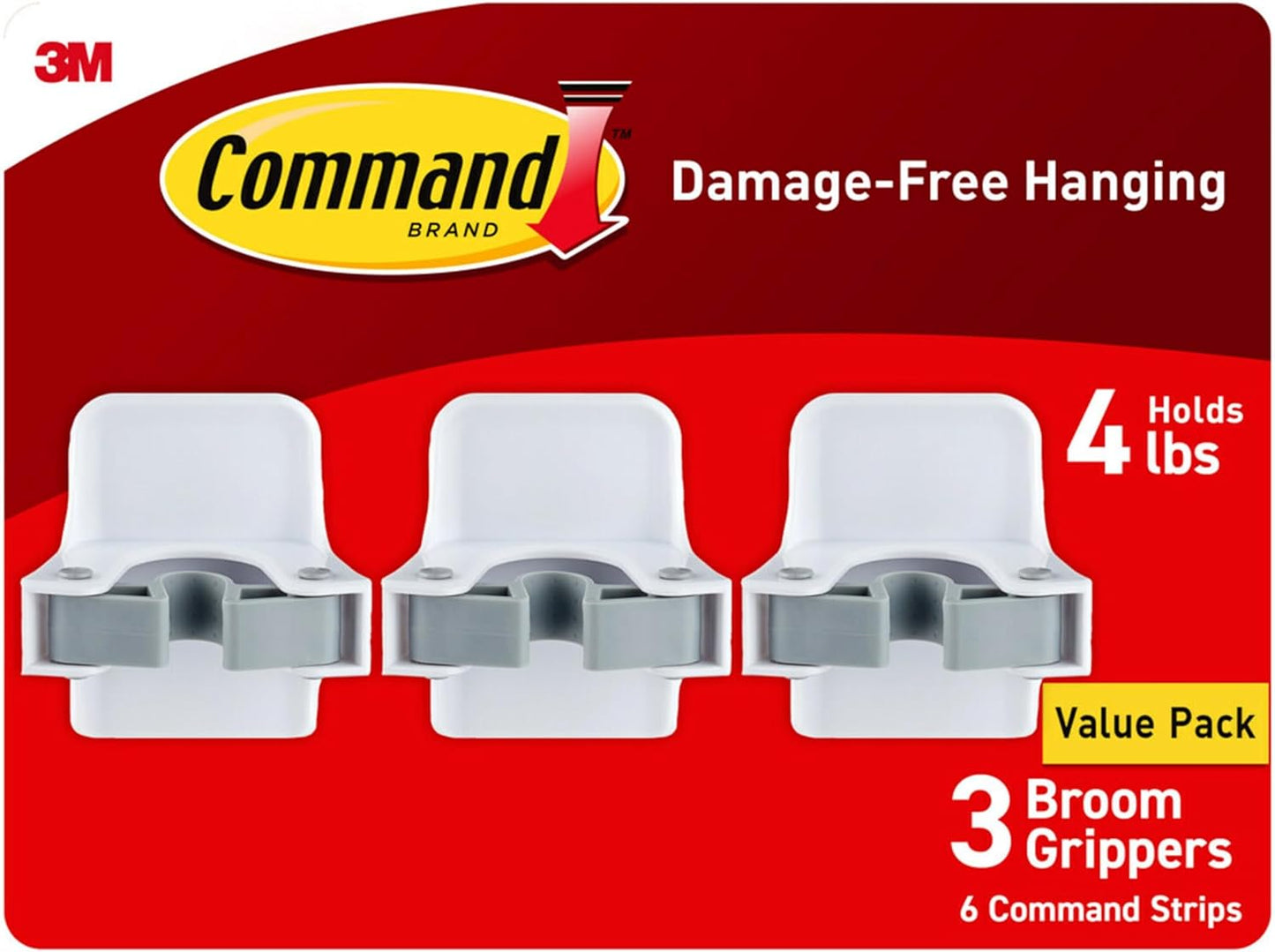 Command Broom and Mop Gripper, 3-Pack, Organize Damage-Free | Damage-Free Hanging Wall Mount Broom and Mop Holder, No Tools Holiday Cleaning Organizer, Holds up to 4 lb