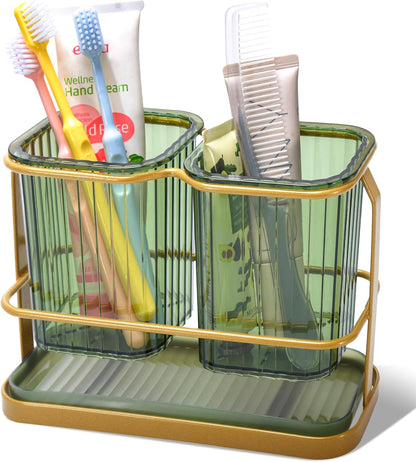 Clear Toothbrush Holders for Bathroom, 2 Cups Wall Mounted, Dry & Wet Separation, Organizers and Storage Set for Family Kids