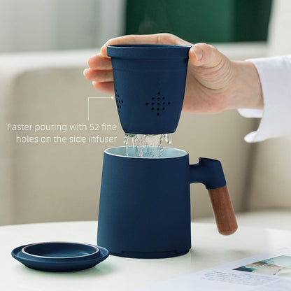 ZENS Tea Mug with Infuser and Lid for Loose Leaf Tea Steeper, 16.9oz Moss | Embossed Ceramic Tea Cup with Infuser for Herbal Tea Difussers, Tea Lovers Gifts, Nature Wood Handle