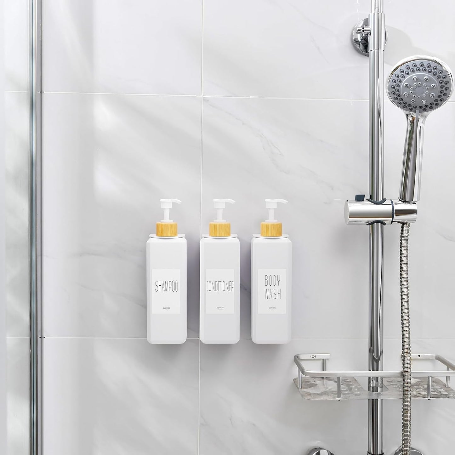 VITVITI Shampoo and Conditioner Dispenser, Shower Soap Dispenser Wall Mount | 17OZ Refillable Plastic Shampoo/Body Wash Shower Bottles for Bathroom with Pump/Labels, Bamboo Wall Mounted, Clear