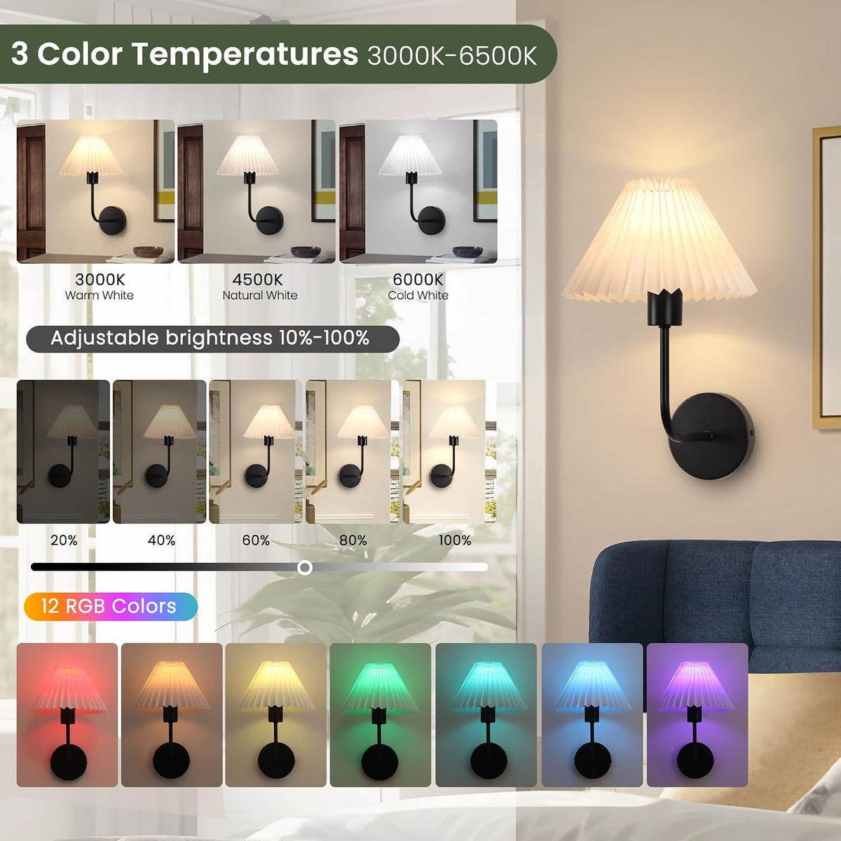 Rechargeable Battery Operated Wall Sconce Sets of 2, 15 Colors Wireless gooseneck Black Wall Lights Fixture with Dimmable Bulbs and Remote, Not Hardwired Wall Mounted Lamps for Bedroom Living Room