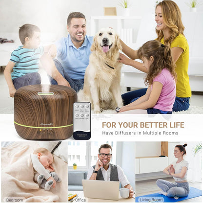 Homeweeks 300ml Essential Oil Diffuser, Quiet Aromatherapy Mist Diffusers for Essential Oils, Wood Grain, Ultrasonic, Remote Control, Timer, 7 Colors Light for Bedroom (300ml)