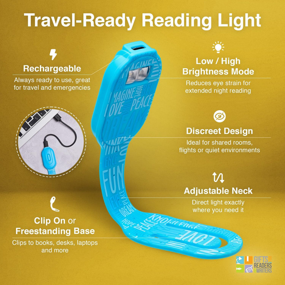 Gifts for Readers & Writers Rechargeable Book Light for Kids, Clip On Reading Light for Bed, 2in1 Flexilight Pals & Bookmark, 12 Hours of Light Once Charged, Includes USB Cable & 2 LED Lights, Dog