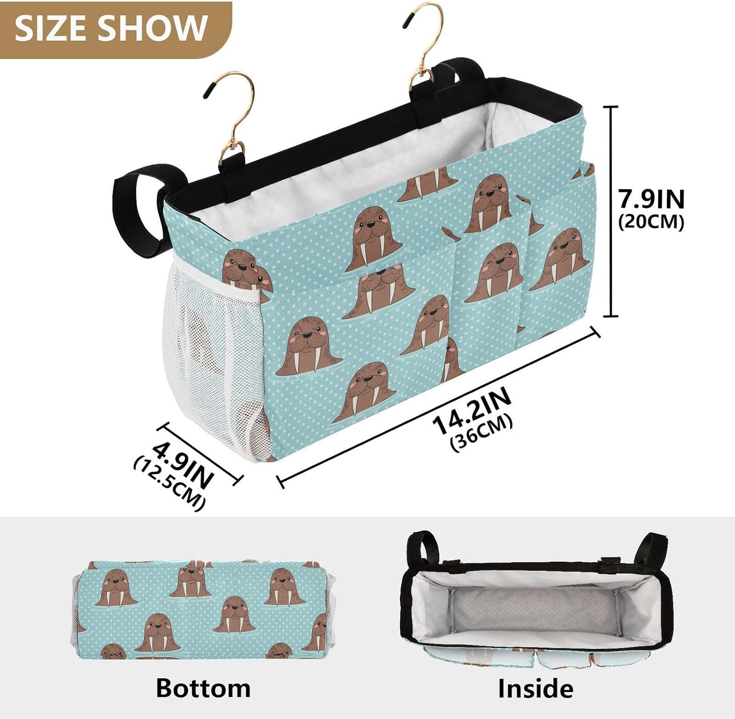 Walrus Blue Print Bedside Caddy Storage Bag Bedside Organizer for Bed Rails College Dorm Room Organizer Caddy Hanging Shelf 6 Pockets with Hooks for Glasses Book Tablet Holder