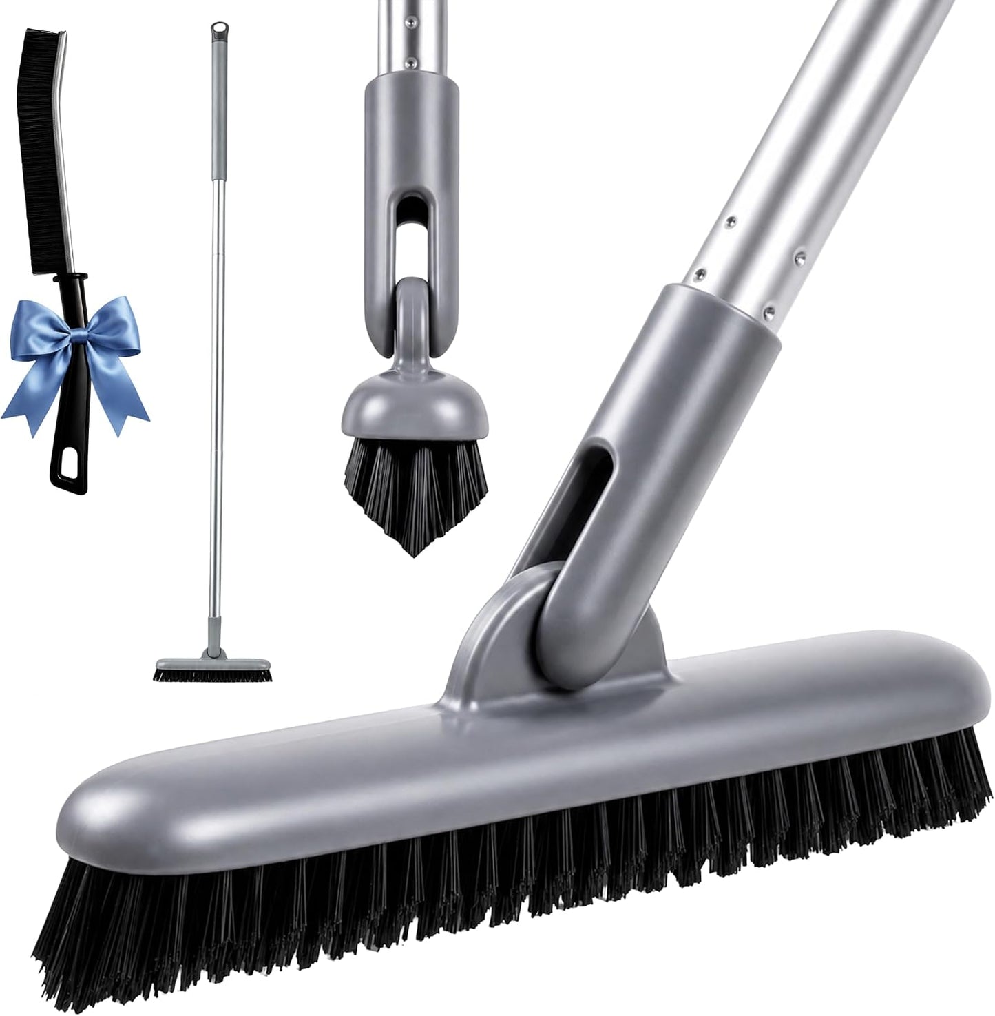 Grout Scrub Brush with Long Handle, 50'' Tile Grout Scrubber, V-Shape Crevice Cleaning Brush for Hard to Reach Areas, 180° Rotation Grout Cleaner for Tile Floors, Baseboards and Corners
