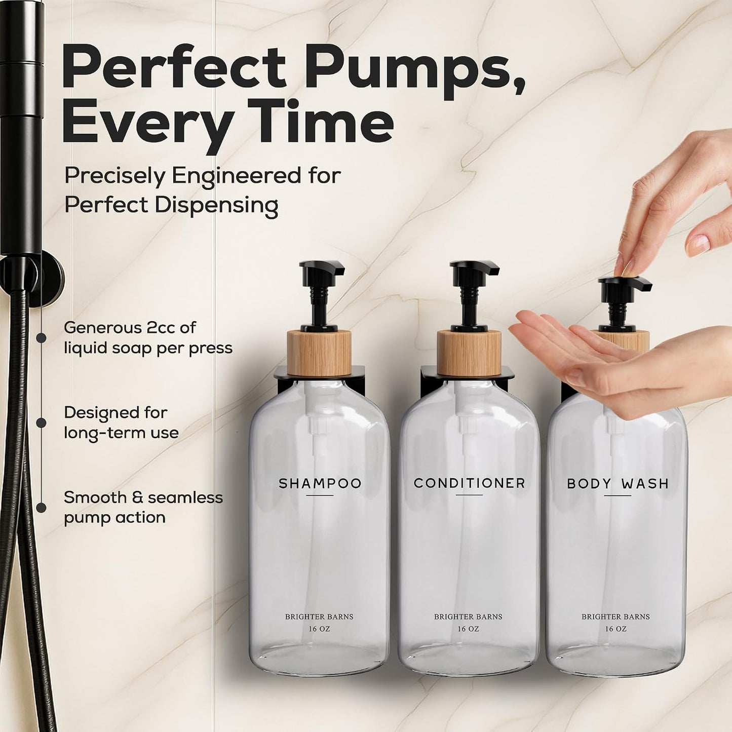White Shampoo and Conditioner Dispenser Set Wall Mounted by Brighter Barns - Shower Dispenser 3 Chamber No Drill - Refillable Shampoo and Conditioner Bottles for Shower Wall in Airbnb, Hotel (White)