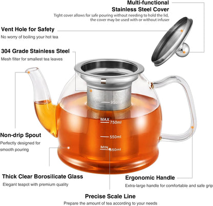 Glass Teapot, 40oz/1200ml Tea Pot with Removable Infuser for Loose Tea | Stovetop Safe Borosilicate Glass Tea Kettle with Strainer and Lid, Hand Crafted Clear Teapot with Scale Line,Tea Brewer Guide